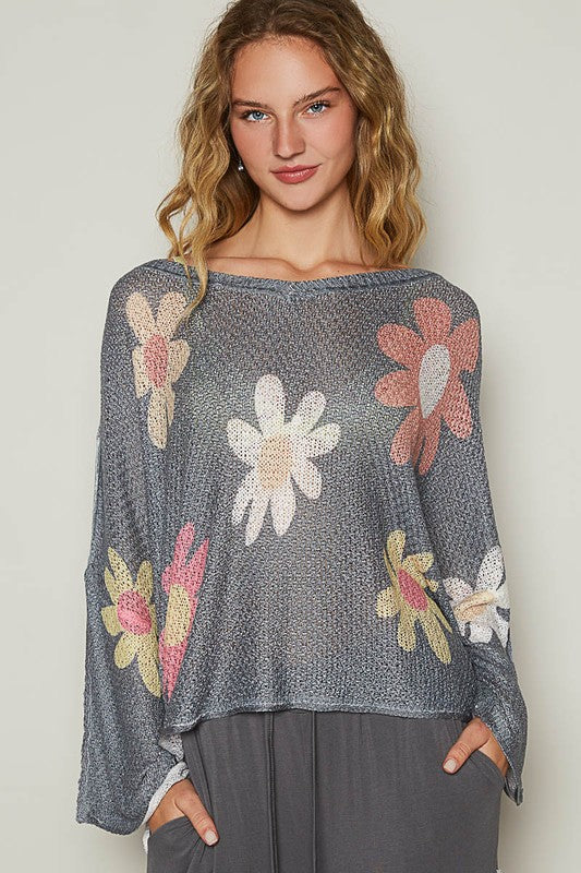 POL Flower Dropped Shoulder Long Sleeve Knit Top Charcoal Apparel Apparel POL Ship from USA TikTok Trendsi Trendsi https://www.cyberehub.com