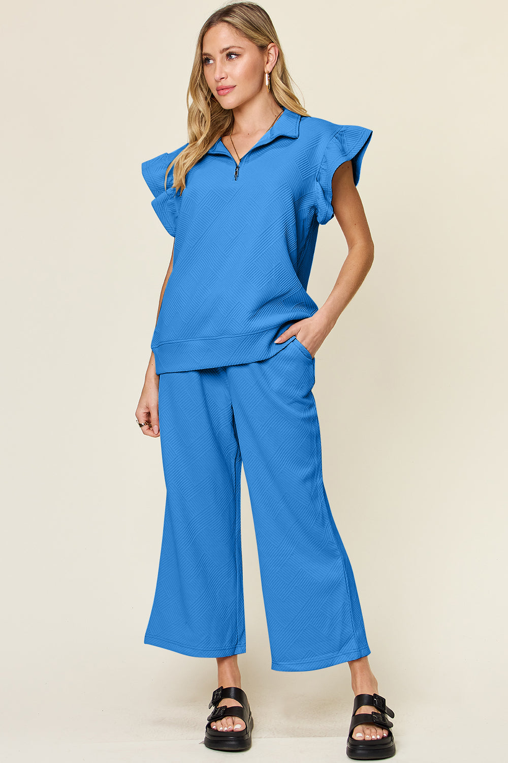 Double Take Texture Ruffle Short Sleeve Top and Drawstring Wide Leg Pants Set Apparel/Tops Double Take Ship from USA TikTok Tops Trendsi USPS Walmart Walmart Apparel Trendsi https://www.cyberehub.com