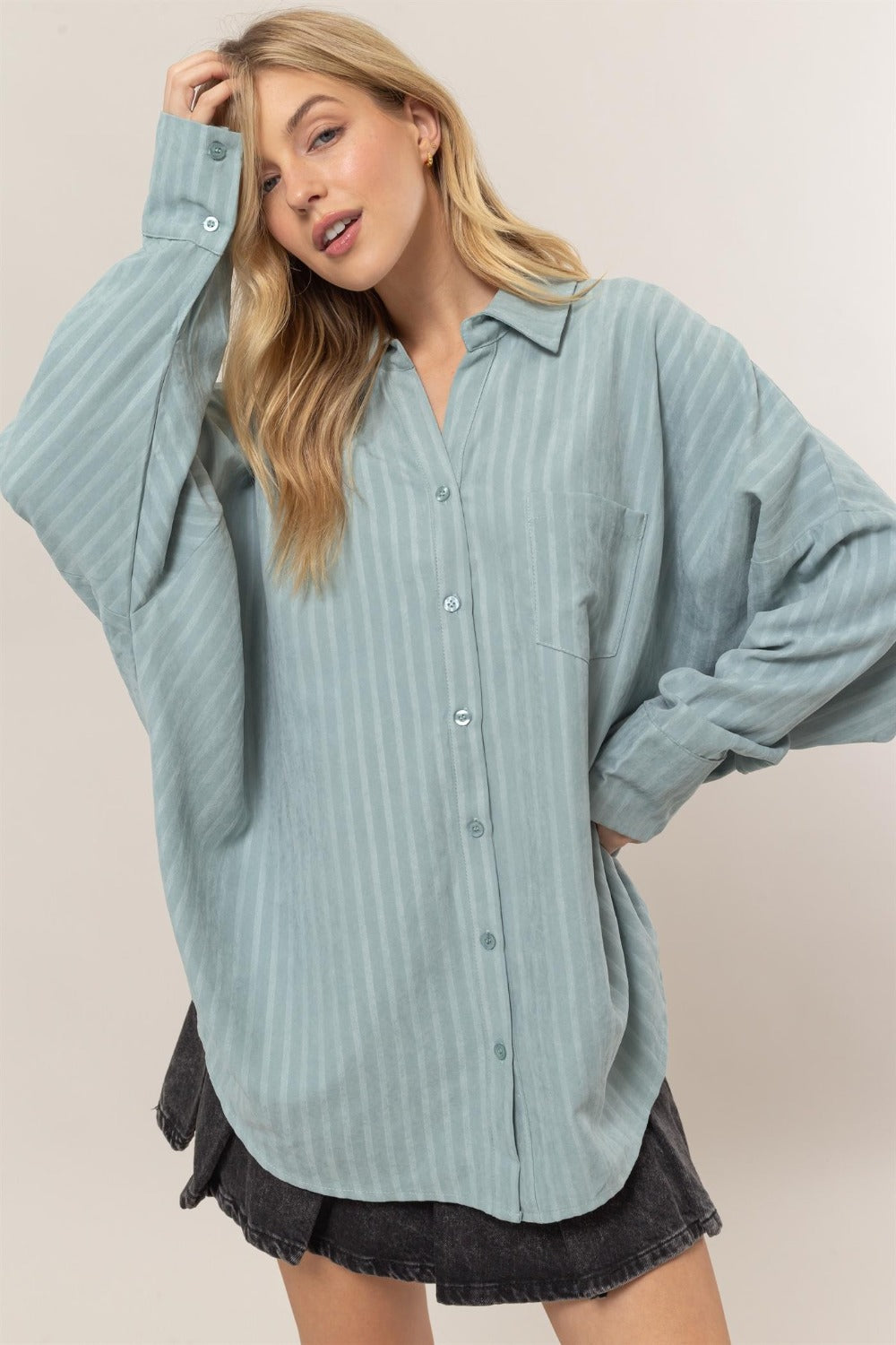 HYFVE Stripe Button Down Long Sleeve Oversized Shirt Dusty Aqua Tops/Jackets/Sweaters Clothing Tops HYFVE Ship from USA TikTok Trendsi USPS Walmart Trendsi https://www.cyberehub.com