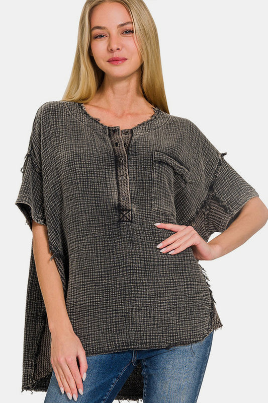 Zenana Washed Texture Half Button T-Shirt Ash Black Apparel/Tops Memorial Day Sale Ship from USA TikTok Tops Trendsi USPS Walmart Walmart Apparel Zenana Trendsi https://www.cyberehub.com