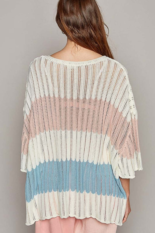 POL V-Neck Short Sleeve Stripe Weave Sweater Shirt Apparel Clothing Tops POL Ship from USA Shirts USA Women Trendsi https://www.cyberehub.com