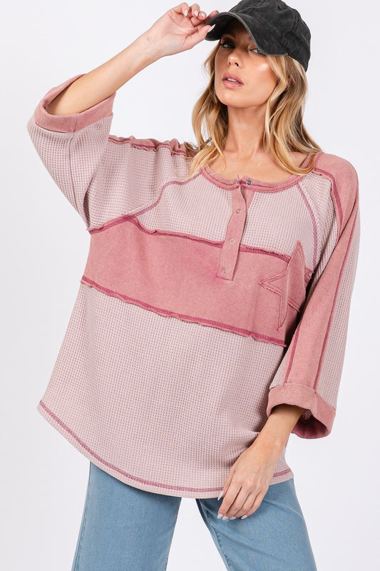 SAGE + FIG Star Applique Patch Exposed Seam Waffle Knit Top Mauve Shirt Apparel Clothing Tops SAGE+FIG Ship from USA Shirts USA Women Trendsi https://www.cyberehub.com