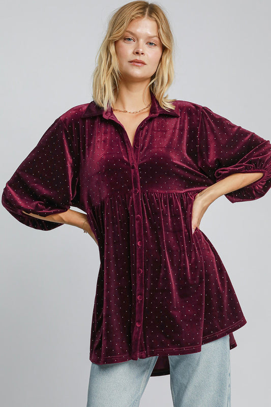 Umgee Full Size Polka Dot Button Up Half Sleeve Shirt Burgundy Apparel/Tops Ship from USA TikTok Tops Trendsi Umgee USA USPS Walmart Walmart Apparel Trendsi https://www.cyberehub.com
