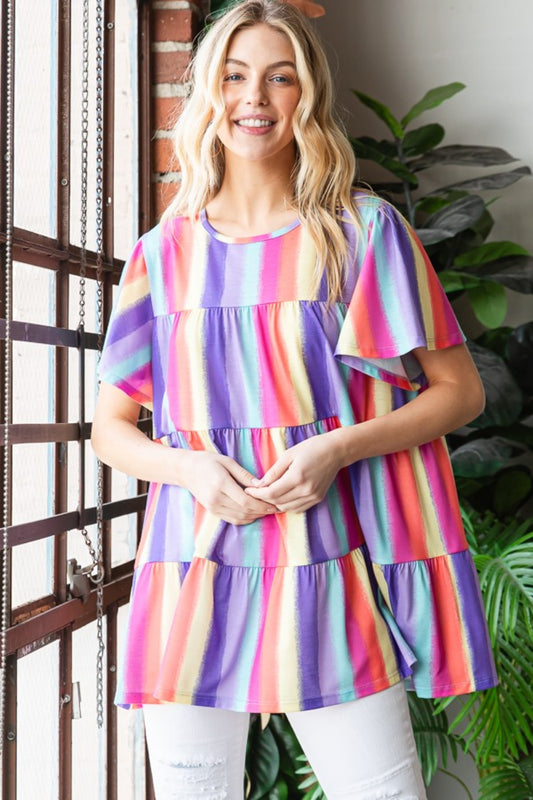 Heimish Full Size Short Sleeve Striped Tiered Top Multi Apparel/Tops Heimish Ship from USA TikTok Tops Trendsi USPS Walmart Walmart Apparel Trendsi https://www.cyberehub.com