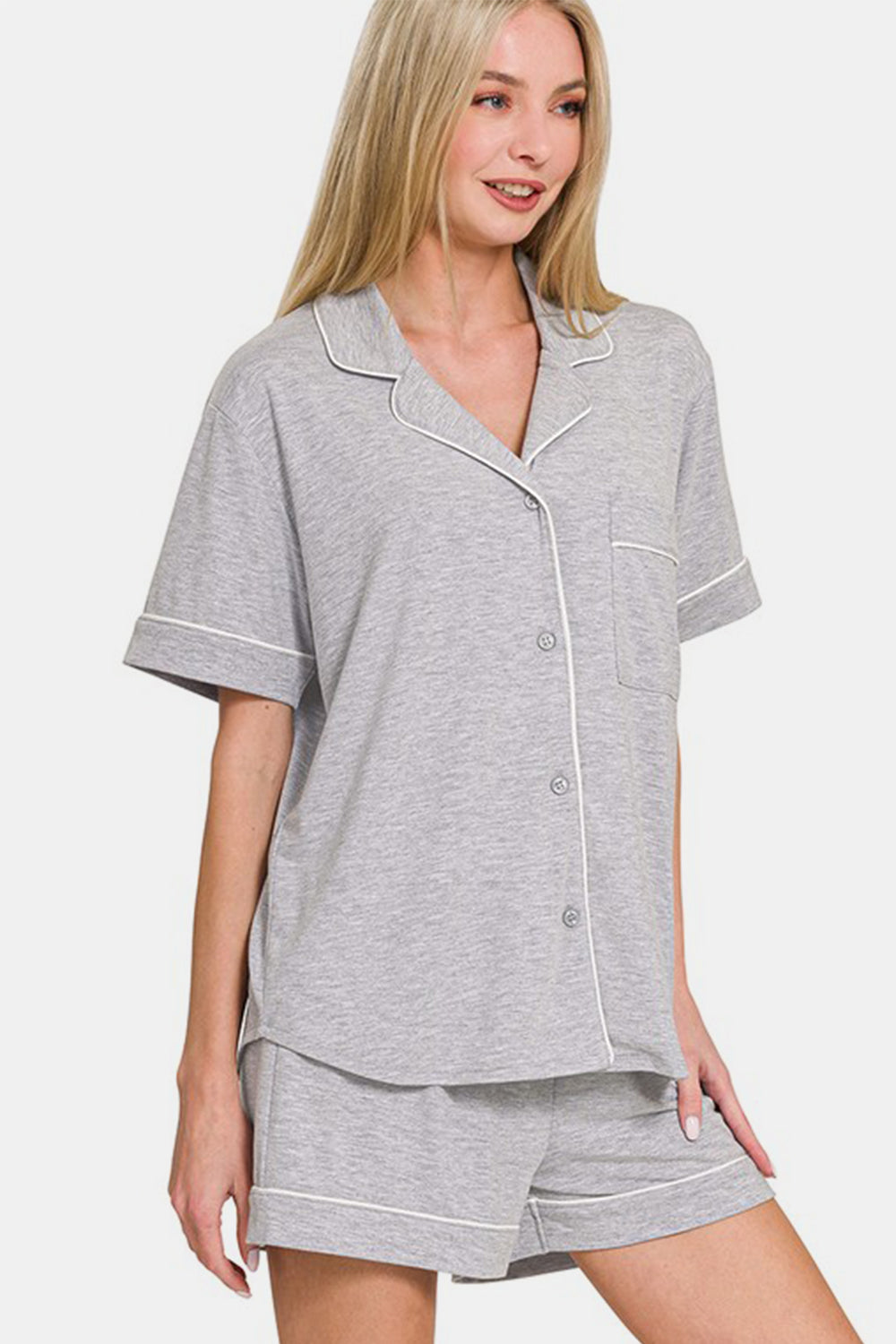 Zenana Button Down Short Sleeve Top and Shorts Lounge Set Apparel Apparel Ship from USA TikTok Trendsi Zenana Trendsi https://www.cyberehub.com