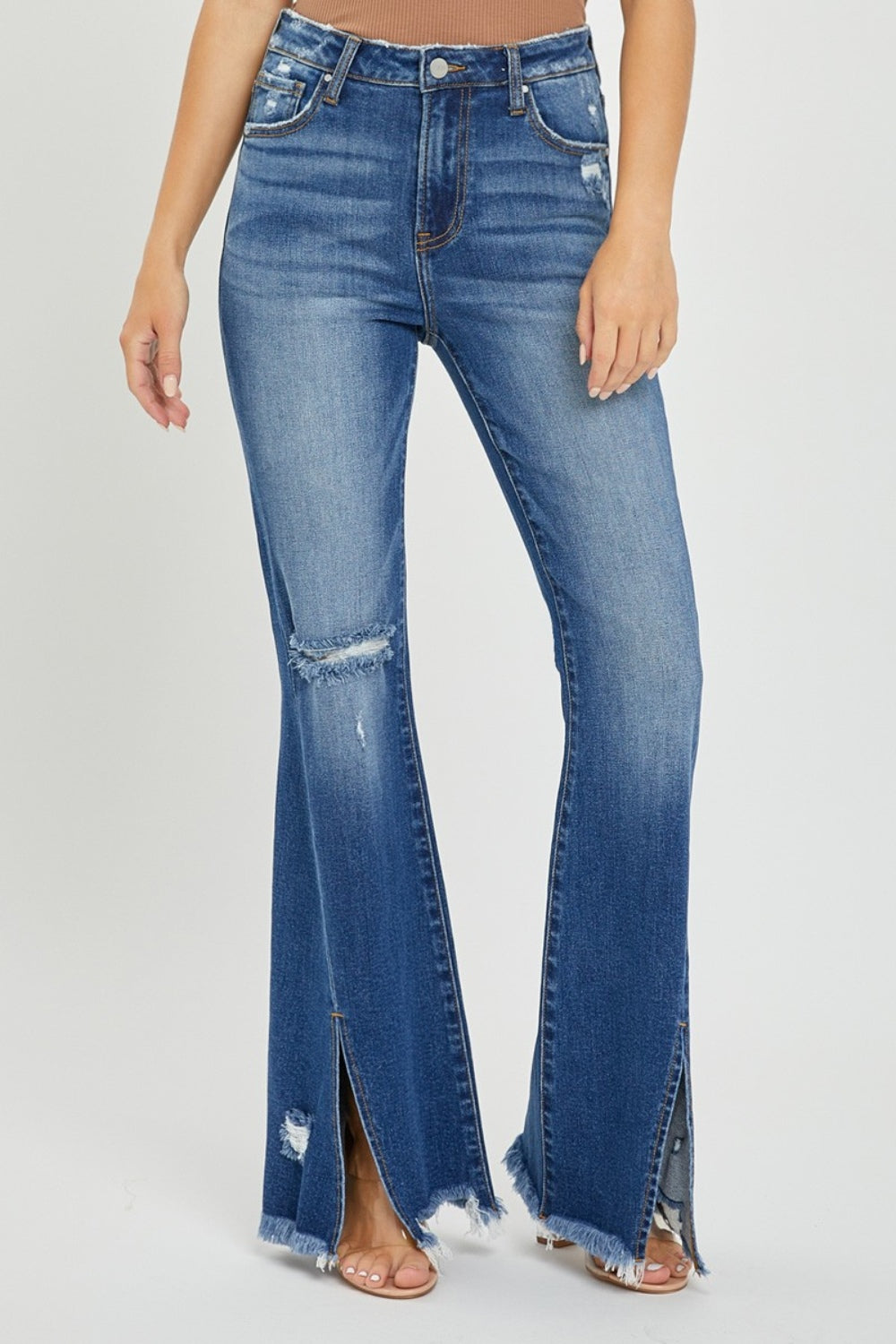 RISEN Full Size High Rise Front Slit Frayed Hem Flare Jeans Bottoms Bottoms Clothing RISEN Ship from USA Women Trendsi https://www.cyberehub.com
