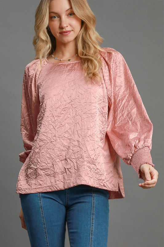 Umgee Wrinkled Round Neck Lantern Sleeve Blouse Blush Pink Apparel Apparel Ship from USA TikTok Trendsi Umgee USA Trendsi https://www.cyberehub.com