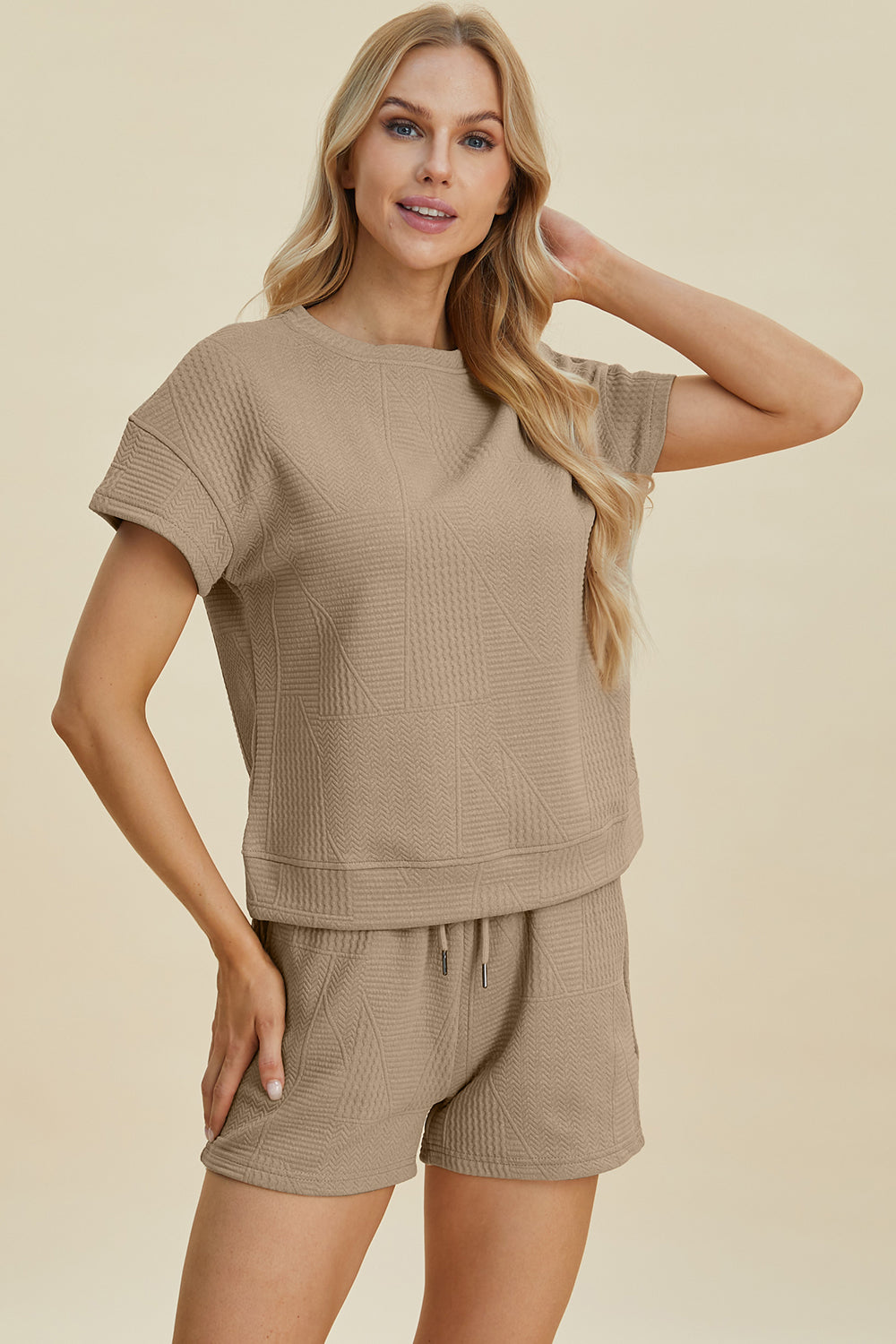 Double Take Full Size Texture Short Sleeve Top and Shorts Set Tops/Jackets/Sweaters Clothing Tops Double Take Outlets 2.20-3.30 Ship from USA TikTok Trendsi USPS Walmart Trendsi https://www.cyberehub.com