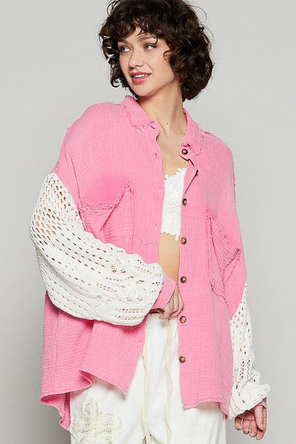 POL Openwork Lantern Sleeve Button Down Gauze Shirt Fuchsia Pink Apparel Apparel POL Ship from USA TikTok Trendsi Trendsi https://www.cyberehub.com