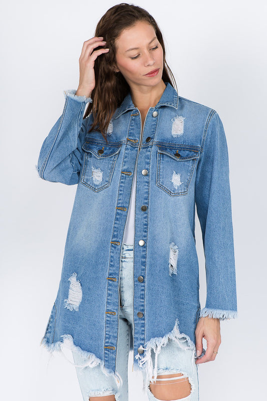 American Bazi Distressed Frayed Hem Denim Jacket Blue Tops/Jackets/Sweaters American Bazi Clothing Tops Ship from USA TikTok Trendsi USPS Walmart Trendsi https://www.cyberehub.com