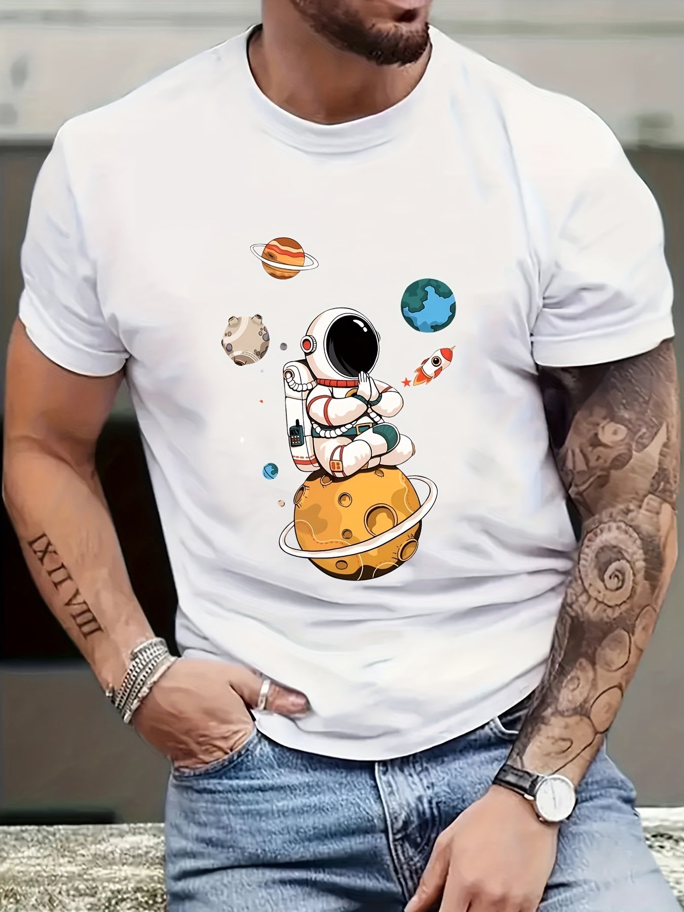 Summer Men's Casual Street Style Elastic Round Neck T-shirt With Cartoon Astronaut And Planet Patterns Apparel/Shirt/Graphic Shirt SNULLO https://www.cyberehub.com