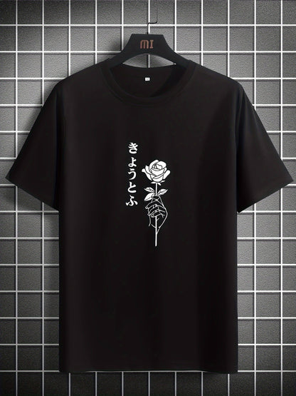 Rose Pattern T-shirt, Summer Men's Casual Street Style Elastic Round Neck T-shirt Apparel/Shirt/Graphic Shirt SNULLO https://www.cyberehub.com