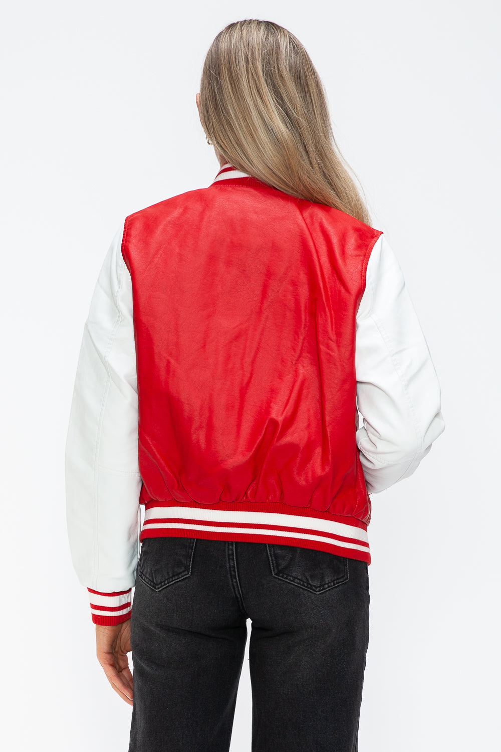 Love Me Now PU Leather Contrast Snap Down Bomber Jacket Tops/Jackets/Sweaters Clothing Tops Love Me Now Ship from USA TikTok Trendsi USPS Walmart Trendsi https://www.cyberehub.com