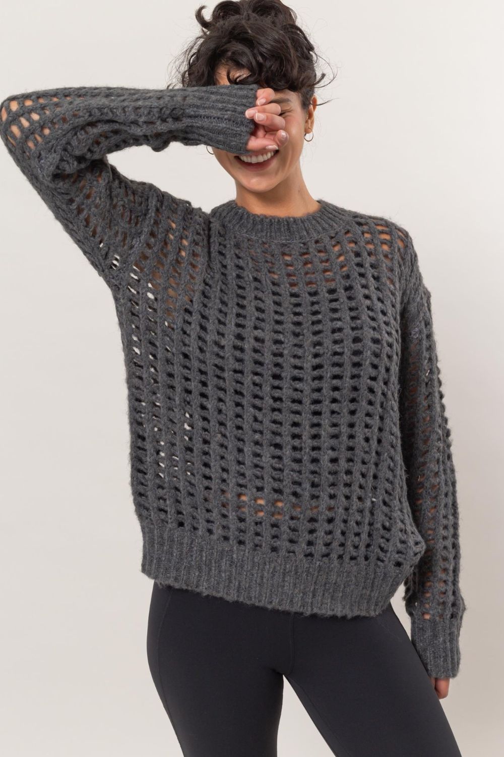 HYFVE Openwork Round Neck Long Sleeve Knit Cover Up Charcoal Tops/Jackets/Sweaters Clothing Tops HYFVE Ship from USA TikTok Trendsi USPS Walmart Trendsi https://www.cyberehub.com