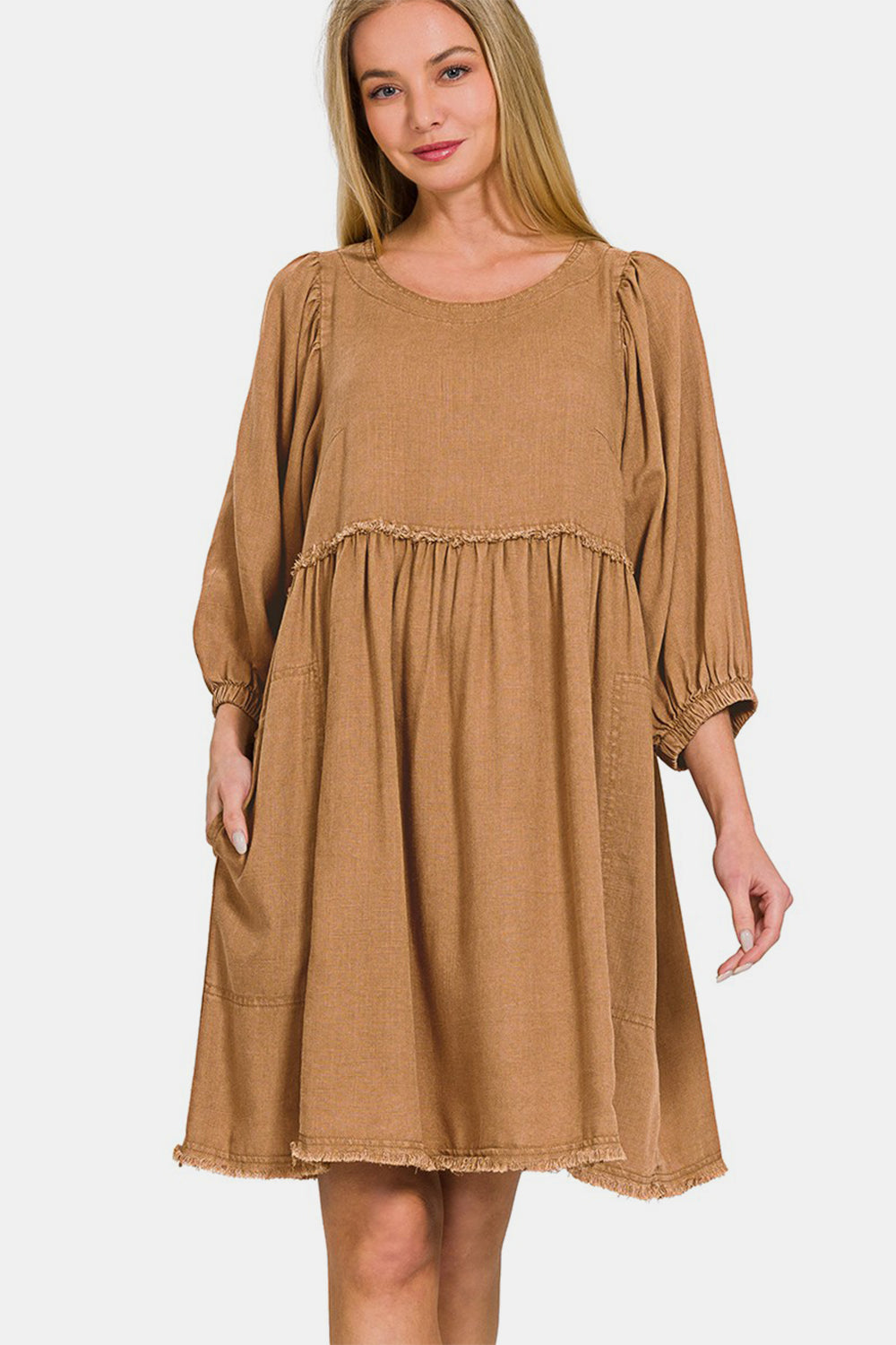 Zenana Washed Linen Pleated Puff Sleeve Babydoll Dress Deep Camel Apparel/Dress Dress Ship from USA TikTok Trendsi USPS Walmart Walmart Apparel Zenana Trendsi https://www.cyberehub.com