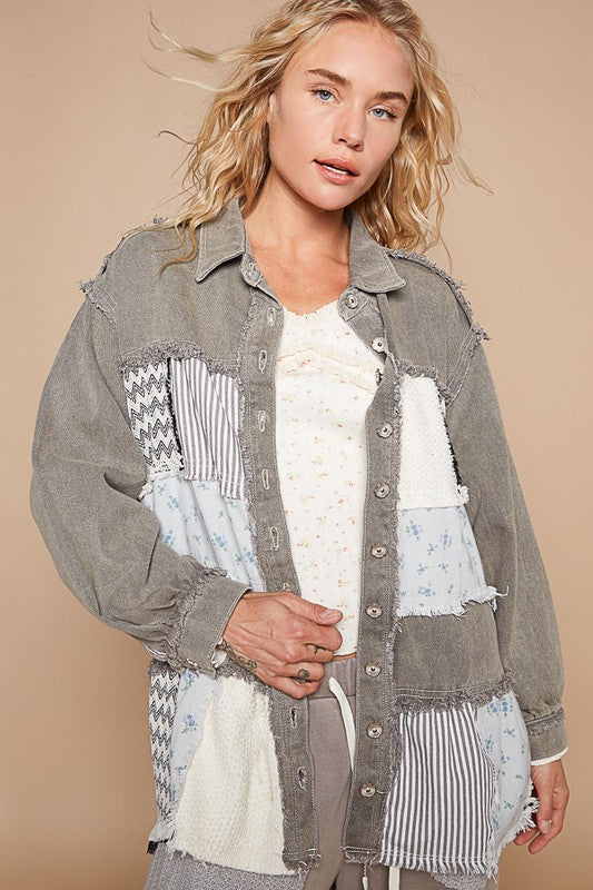 POL Raw Hem Patchwork Dropped Shoulder Jacket Charcoal Apparel Apparel POL Ship from USA TikTok Trendsi Trendsi https://www.cyberehub.com