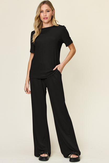 Double Take Full Size Round Neck Short Sleeve T-Shirt and Wide Leg Pants Set Black Apparel/Tops Double Take Ship from USA TikTok Tops Trendsi USPS Walmart Walmart Apparel Trendsi https://www.cyberehub.com
