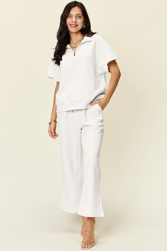 Double Take Full Size Texture Half Zip Short Sleeve Top and Pants Set White Apparel/Tops Double Take Ship from USA TikTok Tops Trendsi USPS Walmart Walmart Apparel Trendsi https://www.cyberehub.com