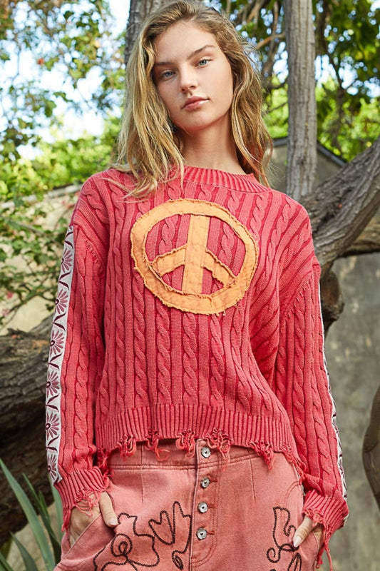 POL Washed Peace Patch Cable Knit Sweater Shirt Apparel Clothing Tops POL Ship from USA Shirts USA Women Trendsi https://www.cyberehub.com