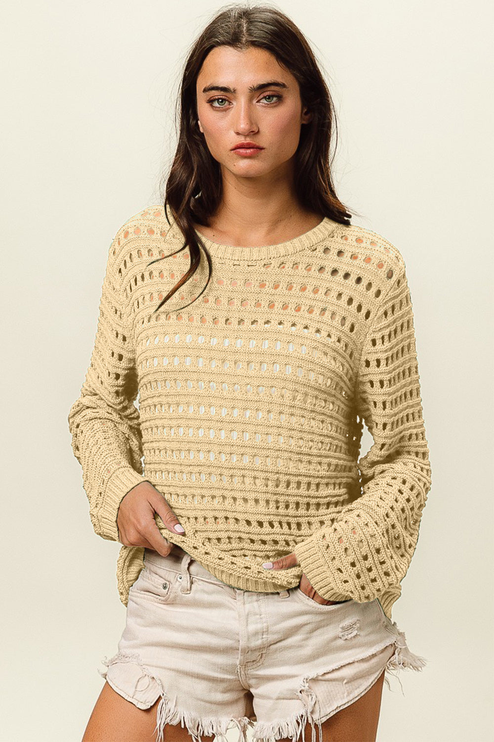BiBi Round Neck Openwork Knit Cover Up Shirt Apparel BiBi Clothing Tops Ship from USA Shirts USA Women Trendsi https://www.cyberehub.com