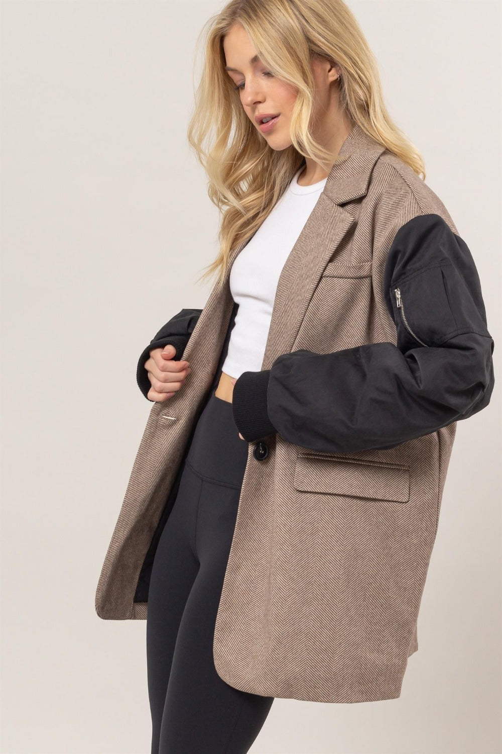 HYFVE Herringbone Mixed Media Contrast Long Sleeve Blazer Shirt Apparel Clothing Tops HYFVE Ship from USA Shirts USA Women Trendsi https://www.cyberehub.com