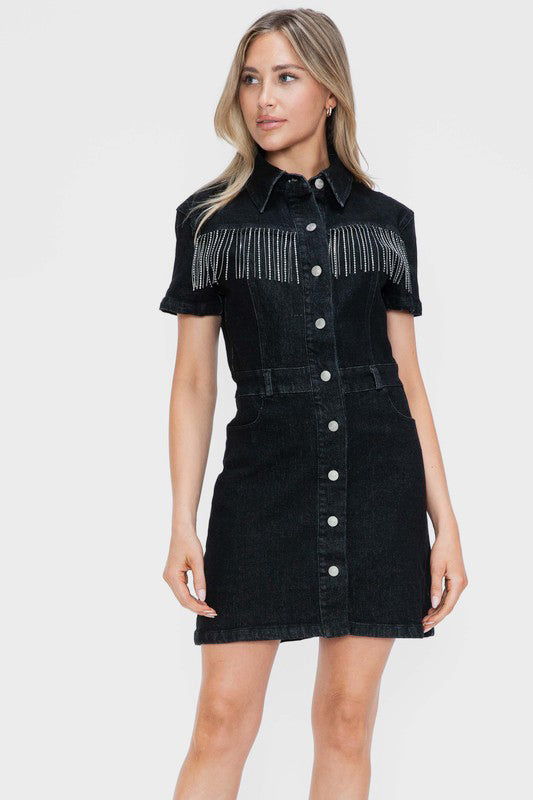 bytos Full Size Embellished Button Down Short Sleeve Denim Dress Black Apparel Apparel bytos Ship from USA TikTok Trendsi Trendsi https://www.cyberehub.com
