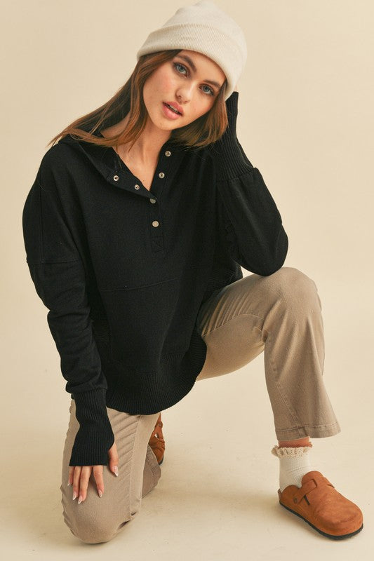 Aemi+Co Half Snap Dropped Shoulder Hoodie Black Apparel/Tops Aemi+Co Ship from USA TikTok Tops Trendsi USPS Walmart Walmart Apparel Trendsi https://www.cyberehub.com
