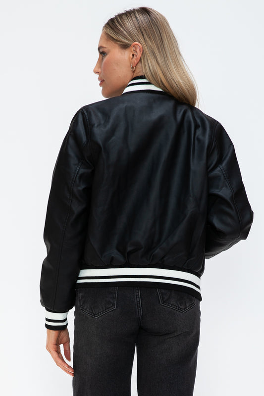 Love Me Now PU Leather Contrast Snap Down Bomber Jacket Tops/Jackets/Sweaters Clothing Tops Love Me Now Ship from USA TikTok Trendsi USPS Walmart Trendsi https://www.cyberehub.com