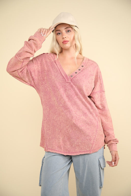 VERY J Washed V-Neck Exposed Seam Knit Top Mauve Shirt Apparel Clothing Tops price-change-job-active Ship from USA Shirts USA VERY J Women Trendsi https://www.cyberehub.com