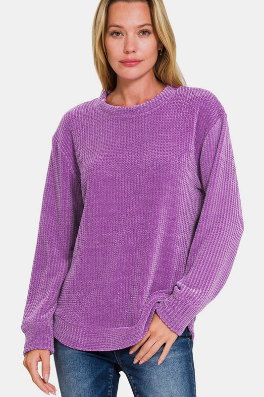 Zenana Chenille Waffle Round Neck Sweater Violet Shirt Apparel Clothing Tops Ship from USA Shirts USA Women Zenana Trendsi https://www.cyberehub.com