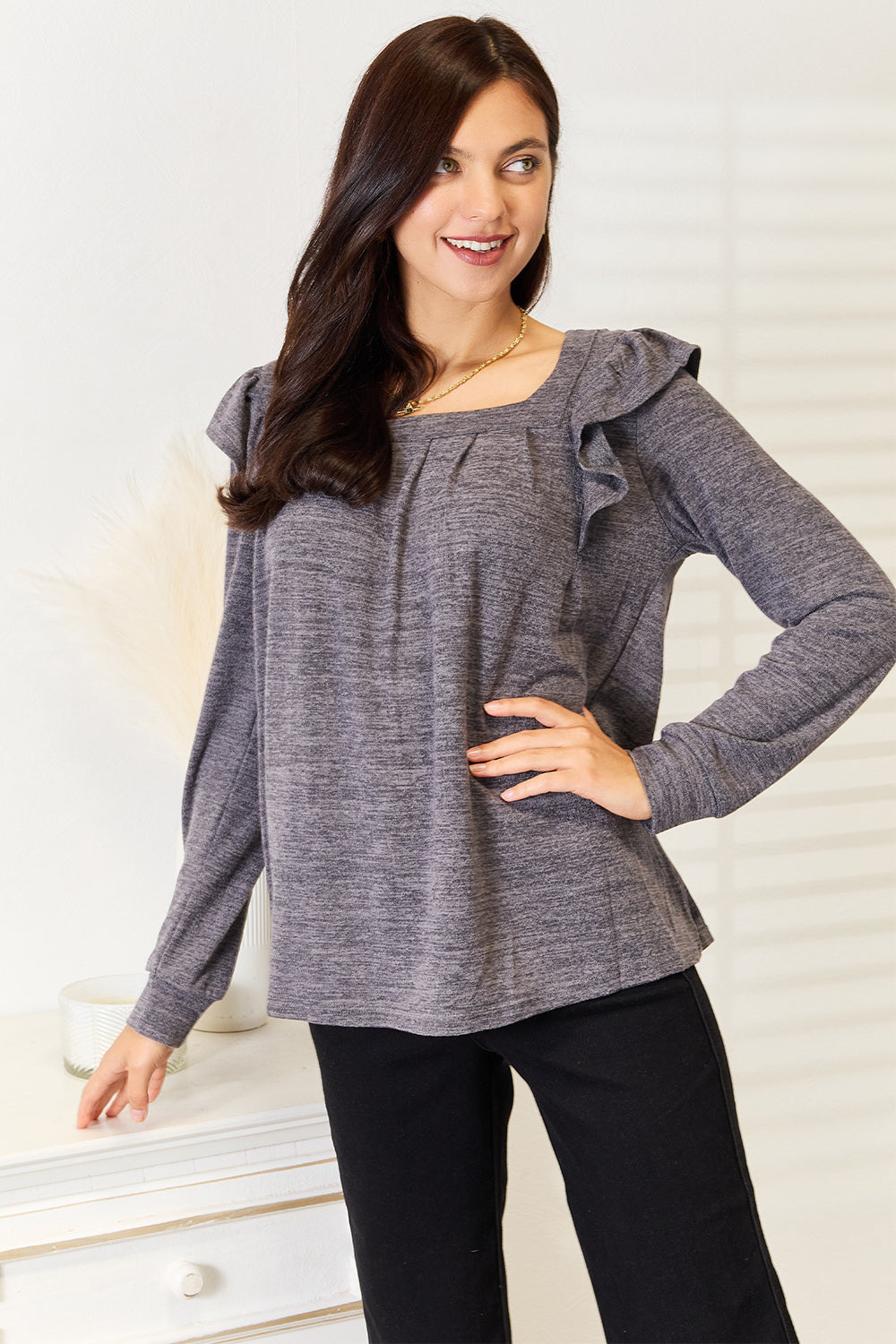 Double Take Square Neck Ruffle Shoulder Long Sleeve T-Shirt Apparel/Tops Double Take Ship from USA TikTok Tops Trendsi USPS Walmart Walmart Apparel Trendsi https://www.cyberehub.com