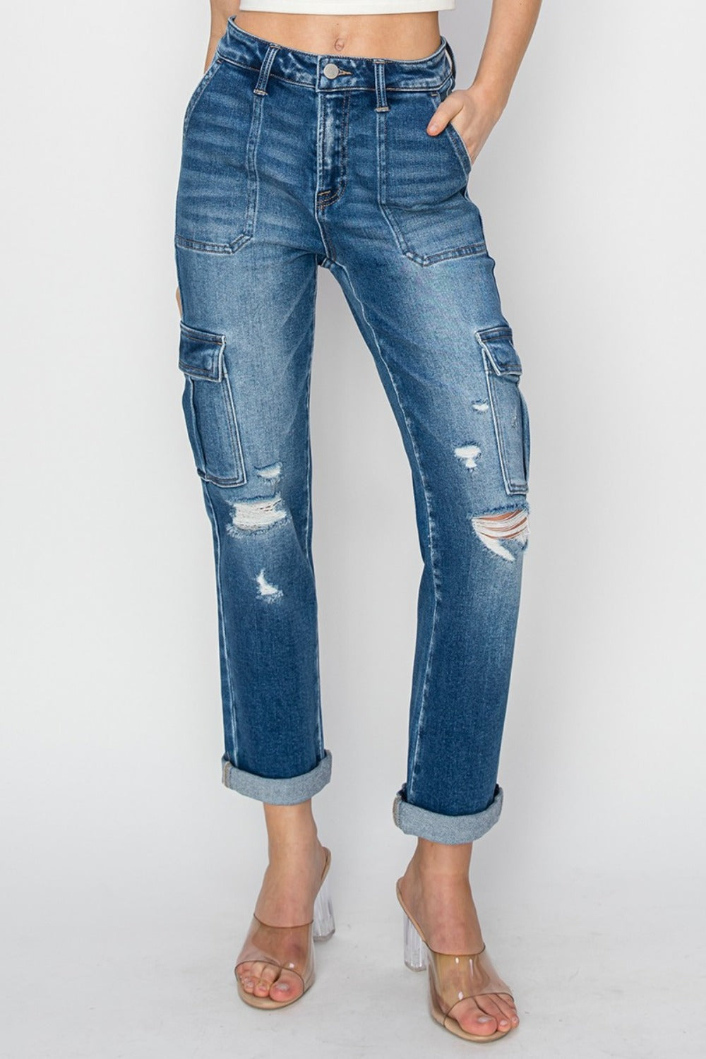 RISEN Full Size High Rise Cargo Ankle Roll Up Straight Jeans Bottoms Bottoms Clothing RISEN Ship from USA Women Trendsi https://www.cyberehub.com