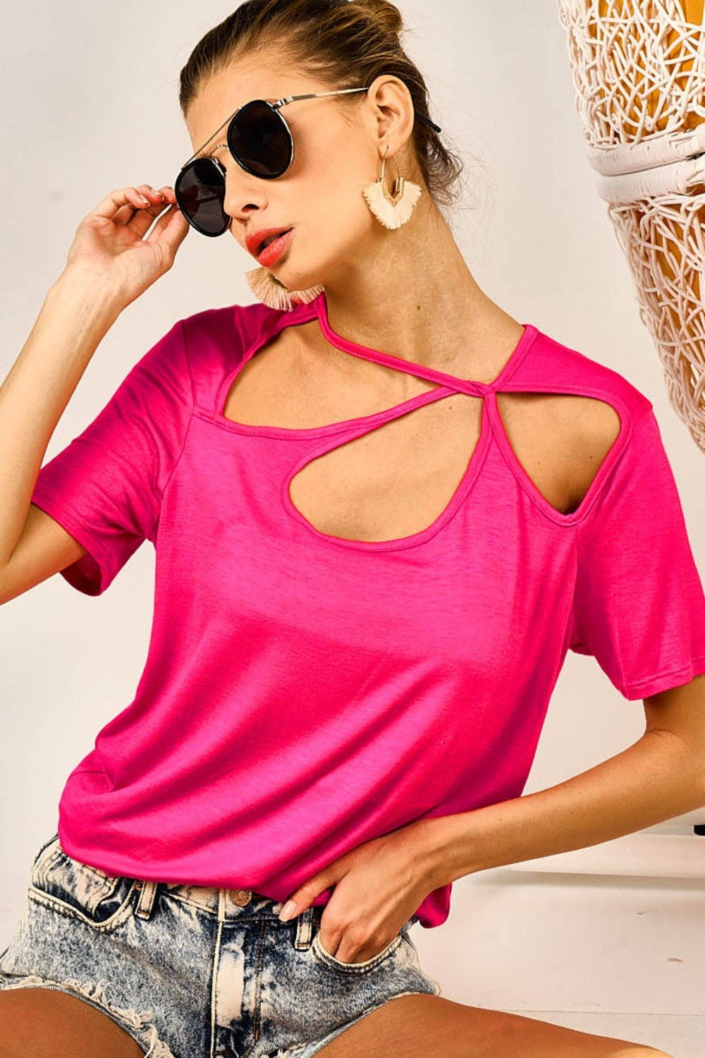 BiBi Cutout Asymmetrical Neck Short Sleeve T-Shirt Fuchsia Tops/Jackets/Sweaters BiBi Clothing Tops Ship from USA TikTok Trendsi USPS Walmart Trendsi https://www.cyberehub.com