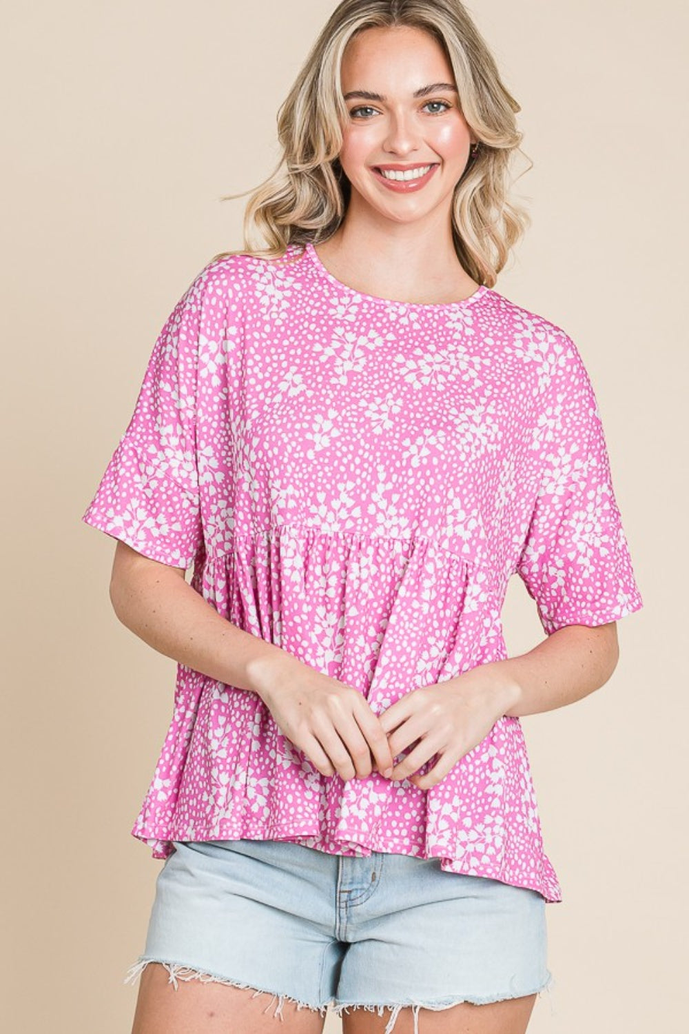 BOMBOM Floral Round Neck Peplum Blouse Pink Tops/Jackets/Sweaters BOMBOM Clothing Tops Ship from USA TikTok Trendsi USPS Walmart Trendsi https://www.cyberehub.com