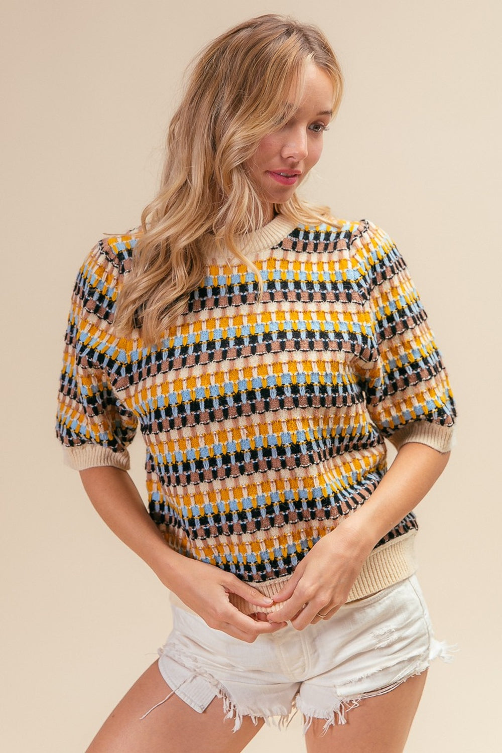 BiBi Multi Color Half Sleeve Sweater Shirt Apparel BiBi Clothing Tops Ship from USA Shirts USA Women Trendsi https://www.cyberehub.com
