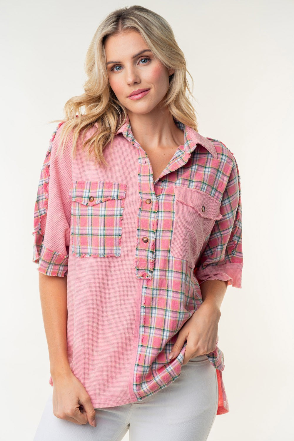 White Birch Plaid Color Block Half Button Top Apparel/Tops Ship from USA TikTok Tops Trendsi USPS Walmart Walmart Apparel White Birch Trendsi https://www.cyberehub.com