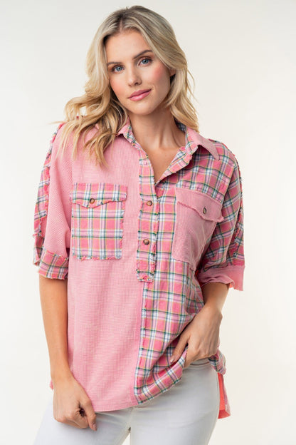 White Birch Plaid Color Block Half Button Top Apparel/Tops Ship from USA TikTok Tops Trendsi USPS Walmart Walmart Apparel White Birch Trendsi https://www.cyberehub.com