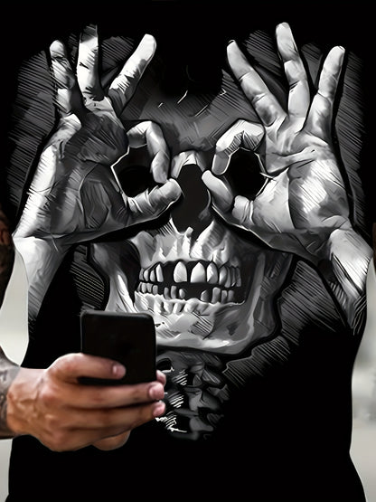 Creative Skull Print T-shirt, Men's Casual Street Style Elastic Round Neck T-shirt, Suitable For Summer Apparel/Shirt/Graphic Shirt SNULLO https://www.cyberehub.com