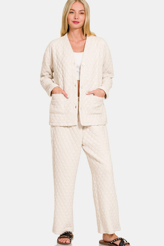 Zenana Quilted Button Up Long Sleeve Top and Pants Lounge Set Beige Apparel Apparel Ship from USA TikTok Trendsi Zenana Trendsi https://www.cyberehub.com