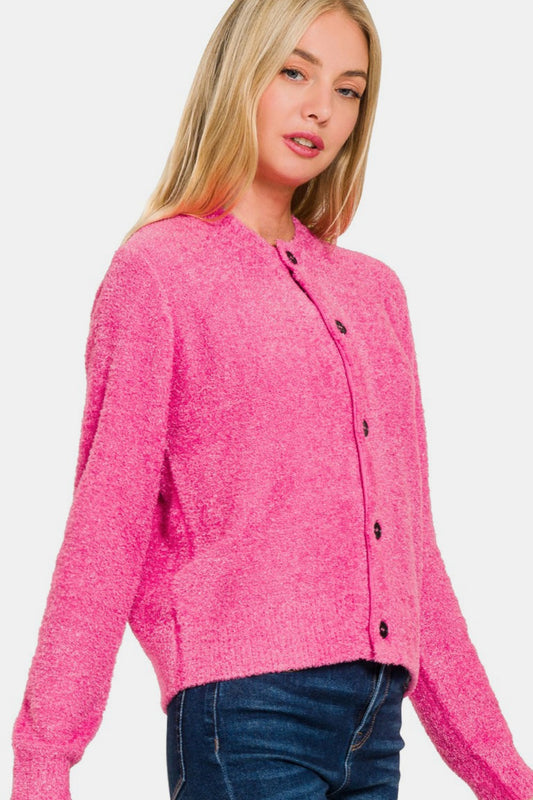 Zenana Button Down Long Sleeve Sweater Cardigan Fuchsia Shirt Apparel Clothing Tops Ship from USA Shirts USA Women Zenana Trendsi https://www.cyberehub.com