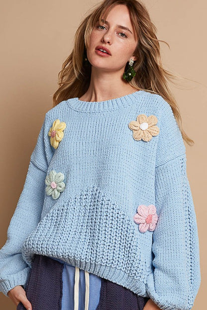 POL Crochet Flower Round Neck Dropped Shoulder Sweater Light Blue Tops/Jackets/Sweaters Clothing Tops POL Ship from USA TikTok Trendsi USPS Walmart Trendsi https://www.cyberehub.com