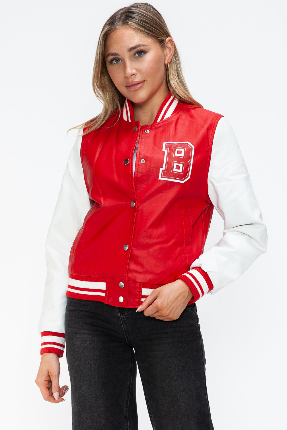 Love Me Now PU Leather Contrast Snap Down Bomber Jacket Tops/Jackets/Sweaters Clothing Tops Love Me Now Ship from USA TikTok Trendsi USPS Walmart Trendsi https://www.cyberehub.com