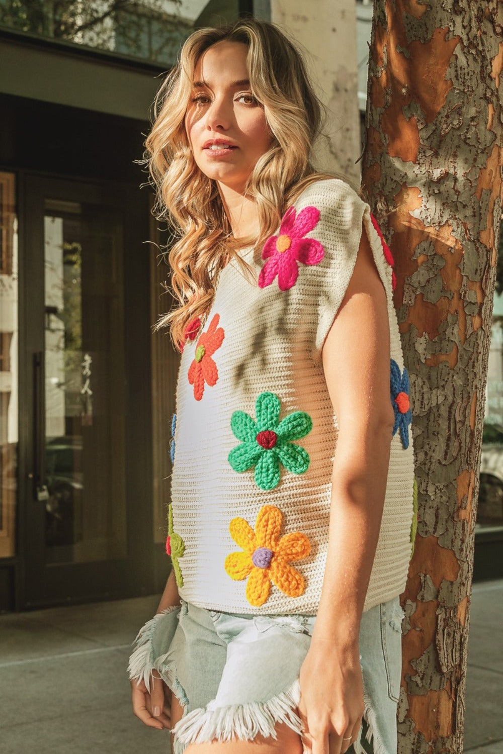 BiBi Flower Round Neck Cap Sleeve Knit Top Shirt Apparel BiBi Clothing Tops Ship from USA Shirts USA Women Trendsi https://www.cyberehub.com