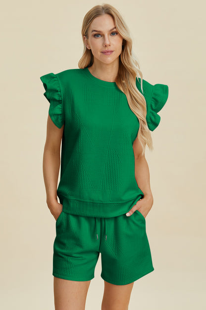 Double Take Full Size Texture Round Neck Ruffle Sleeve Top and Shorts Set Dark Green Tops/Jackets/Sweaters Clothing Tops Double Take Ship from USA TikTok Trendsi USPS Walmart Trendsi https://www.cyberehub.com