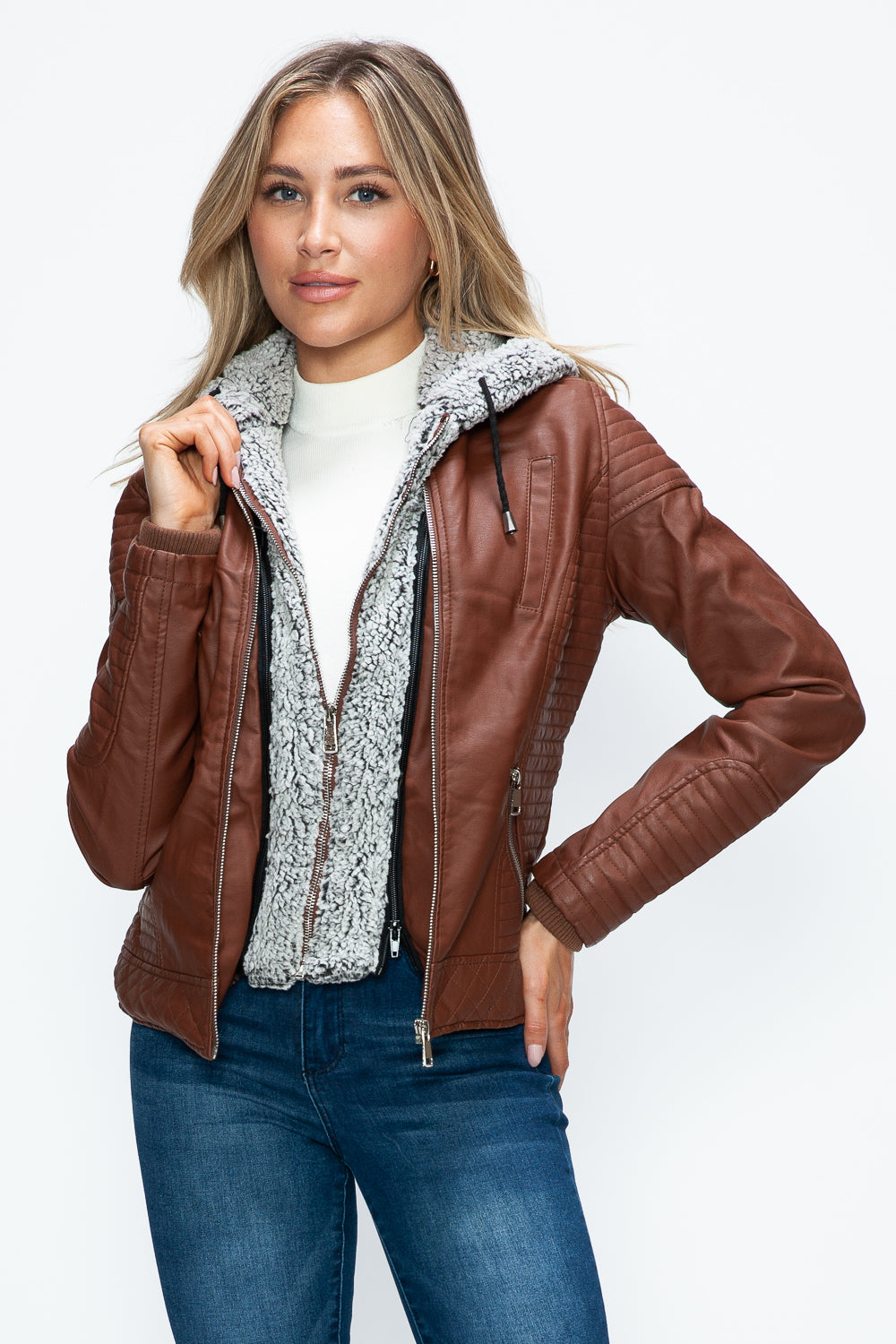 YMI Faux Layered Double-Zipper Jacket with Fuzzy Hood Tops/Jackets/Sweaters Clothing Tops Ship from USA TikTok Trendsi USPS Walmart YMI outerwear Trendsi https://www.cyberehub.com