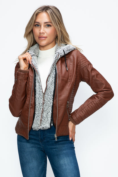 YMI Faux Layered Double-Zipper Jacket with Fuzzy Hood Tops/Jackets/Sweaters Clothing Tops Ship from USA TikTok Trendsi USPS Walmart YMI outerwear Trendsi https://www.cyberehub.com