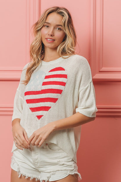 BiBi Striped Heart Contrast Knit Top Shirt Apparel BiBi Clothing Tops Ship from USA Shirts USA Women Trendsi https://www.cyberehub.com