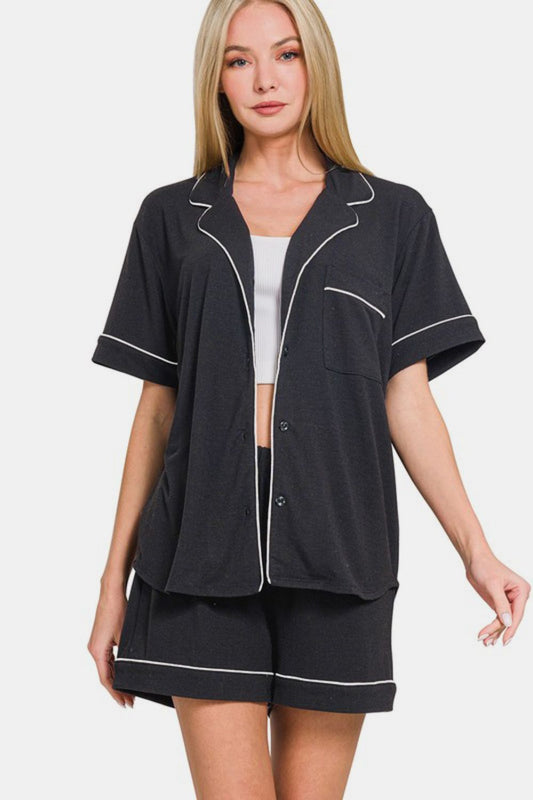 Zenana Button Down Short Sleeve Top and Shorts Lounge Set Black Apparel Apparel Ship from USA TikTok Trendsi Zenana Trendsi https://www.cyberehub.com
