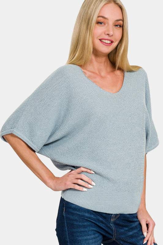 Zenana V-Neck Short Sleeve Dolman Sweater Blue Grey Shirt Apparel Clothing Tops Ship from USA Shirts USA Women Zenana Trendsi https://www.cyberehub.com