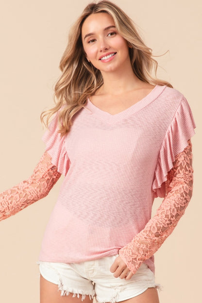 BiBi Ruffled Lace Sleeve Rib Knit Top Apparel/Tops BiBi Ship from USA TikTok Tops Trendsi USPS Walmart Walmart Apparel Trendsi https://www.cyberehub.com